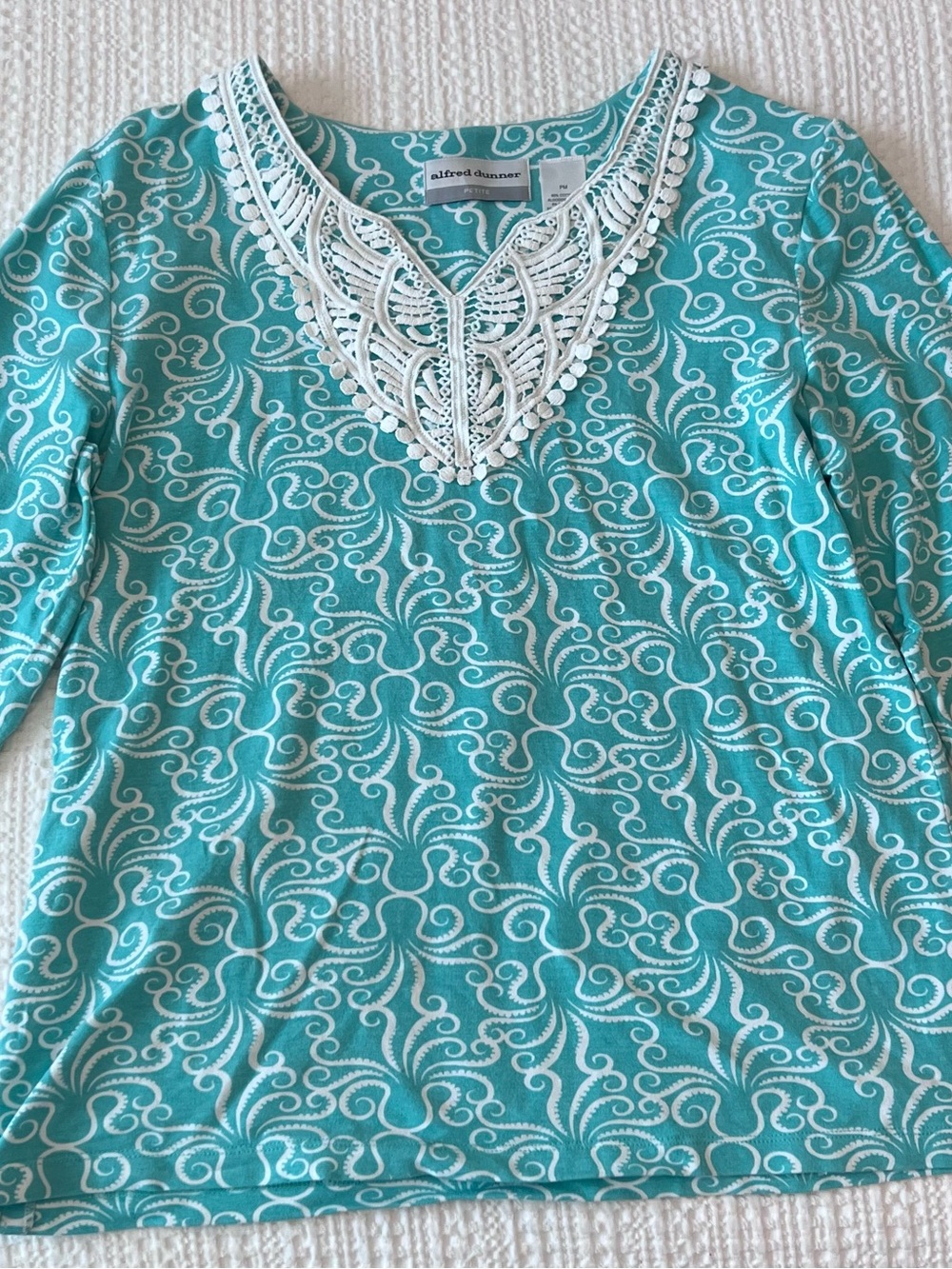 Petite Alfred Dunner Teal Patterned V-Neck Tunic with White Lace